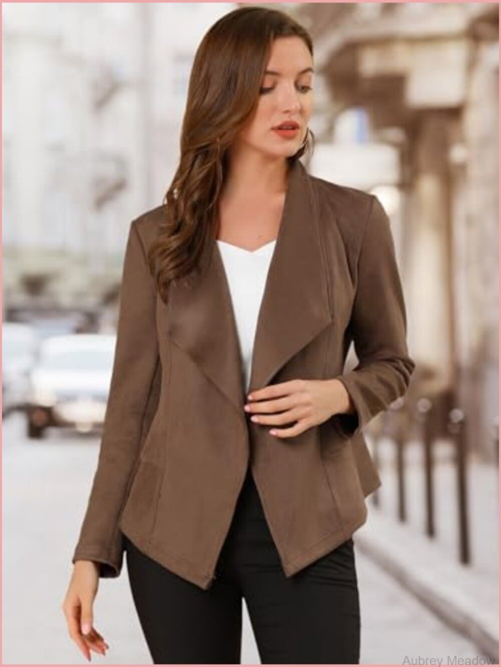 Faux Suede Open Front Cardigan Jacket with Drape Collar - Picture 2 of 7